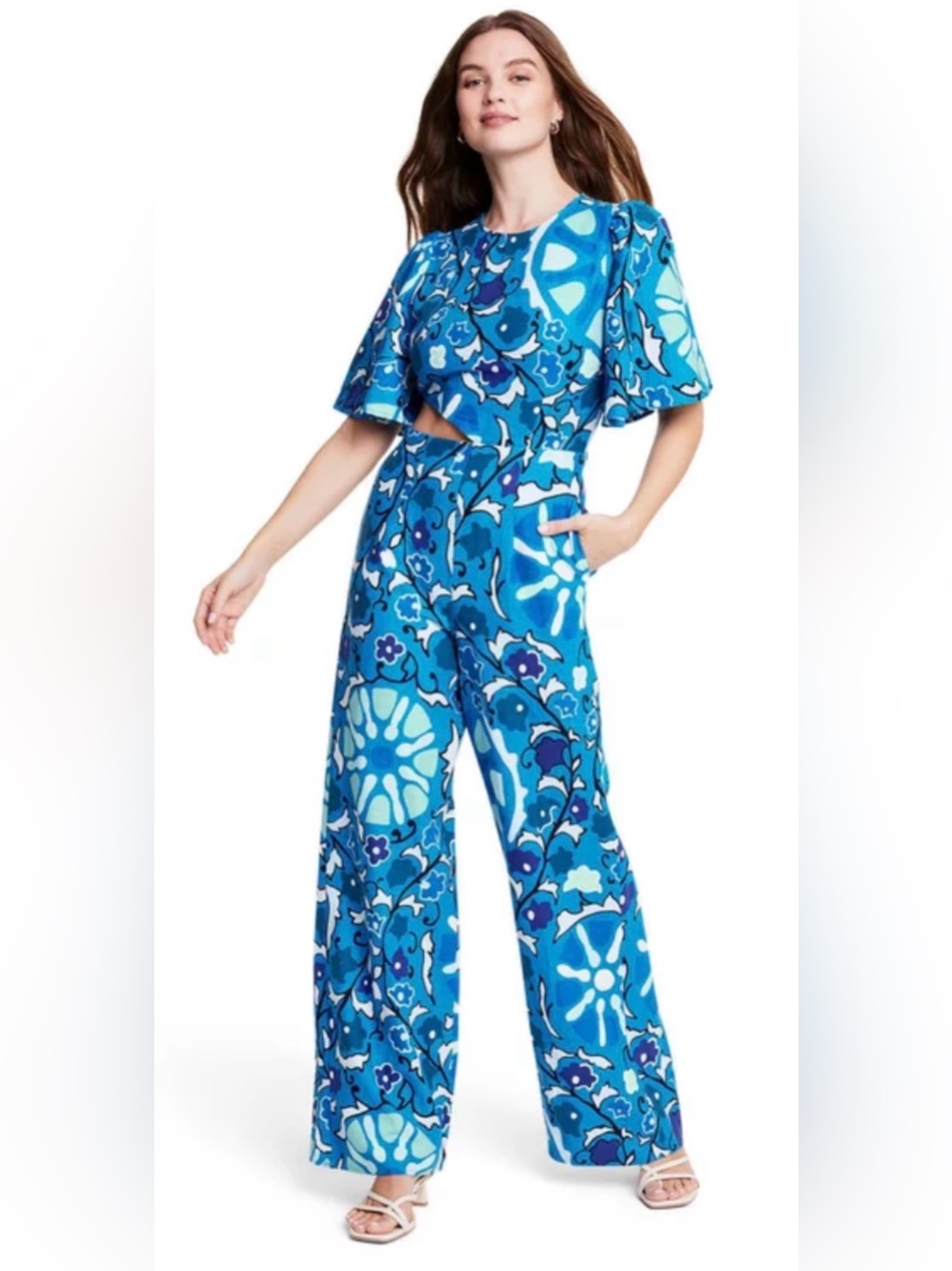 RHODE For Target cutout jumpsuit 55% linen zinnia floral print bell sleeves M